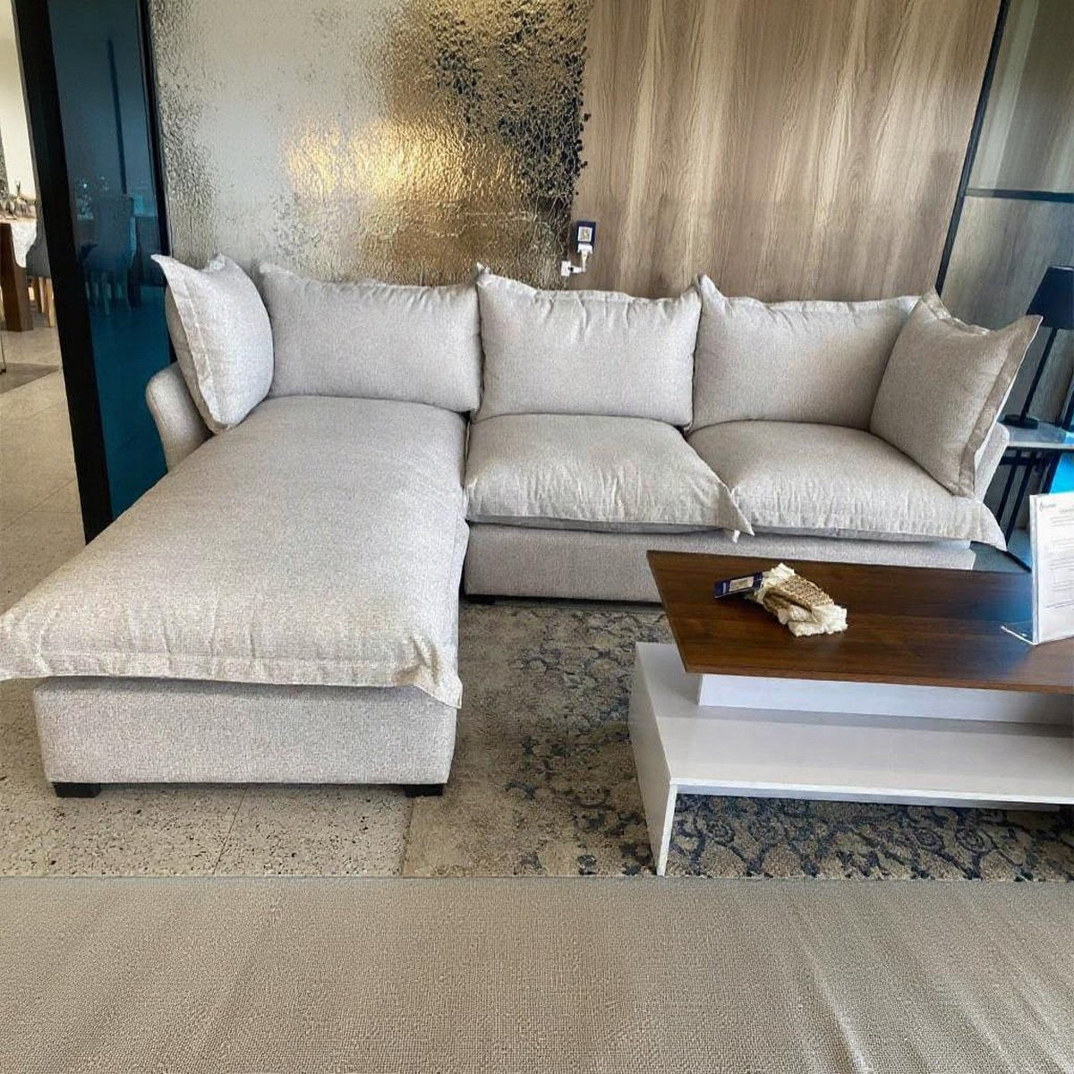 Natural Wood And Linen Fabric L-Shape Sofa - Beige