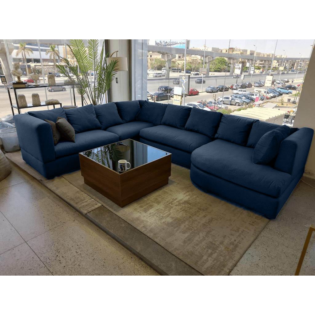 Natural Wood and Linen fabric U-Shape Sofa - Blue