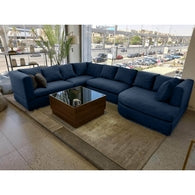 Natural Wood and Linen fabric U-Shape Sofa - Blue