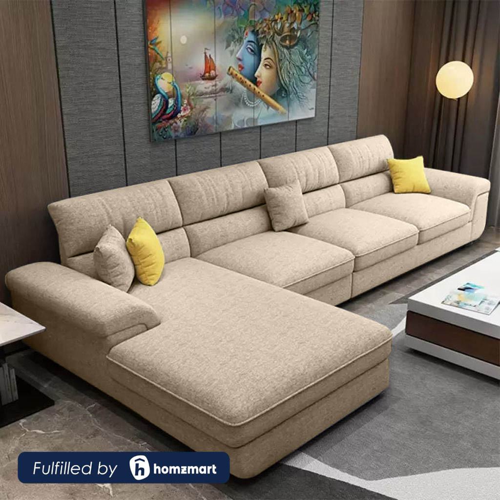 Beech Wood and Linen Fabric L-Shape Sofa - Beige