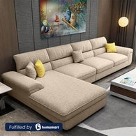 Beech Wood and Linen Fabric L-Shape Sofa - Beige