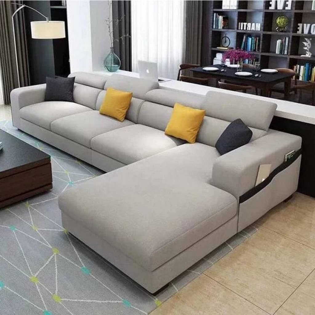 Natural Wood and Linen Fabric L-Shape Sofa - Grey