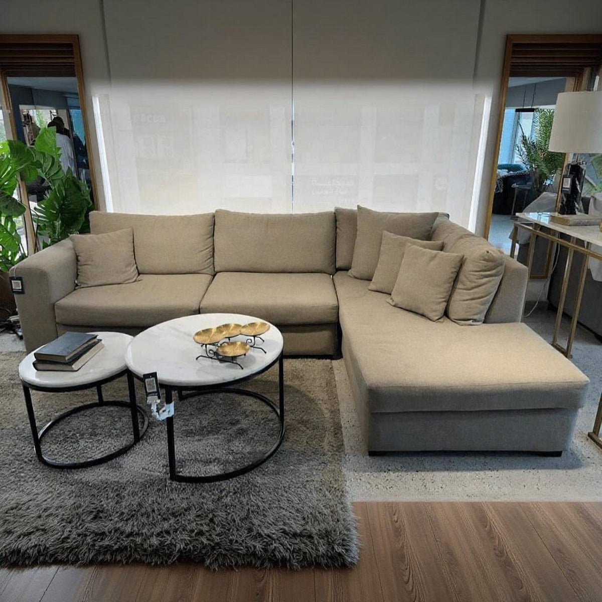 Natural Wood and Linen L-Shape Sofa - Beige