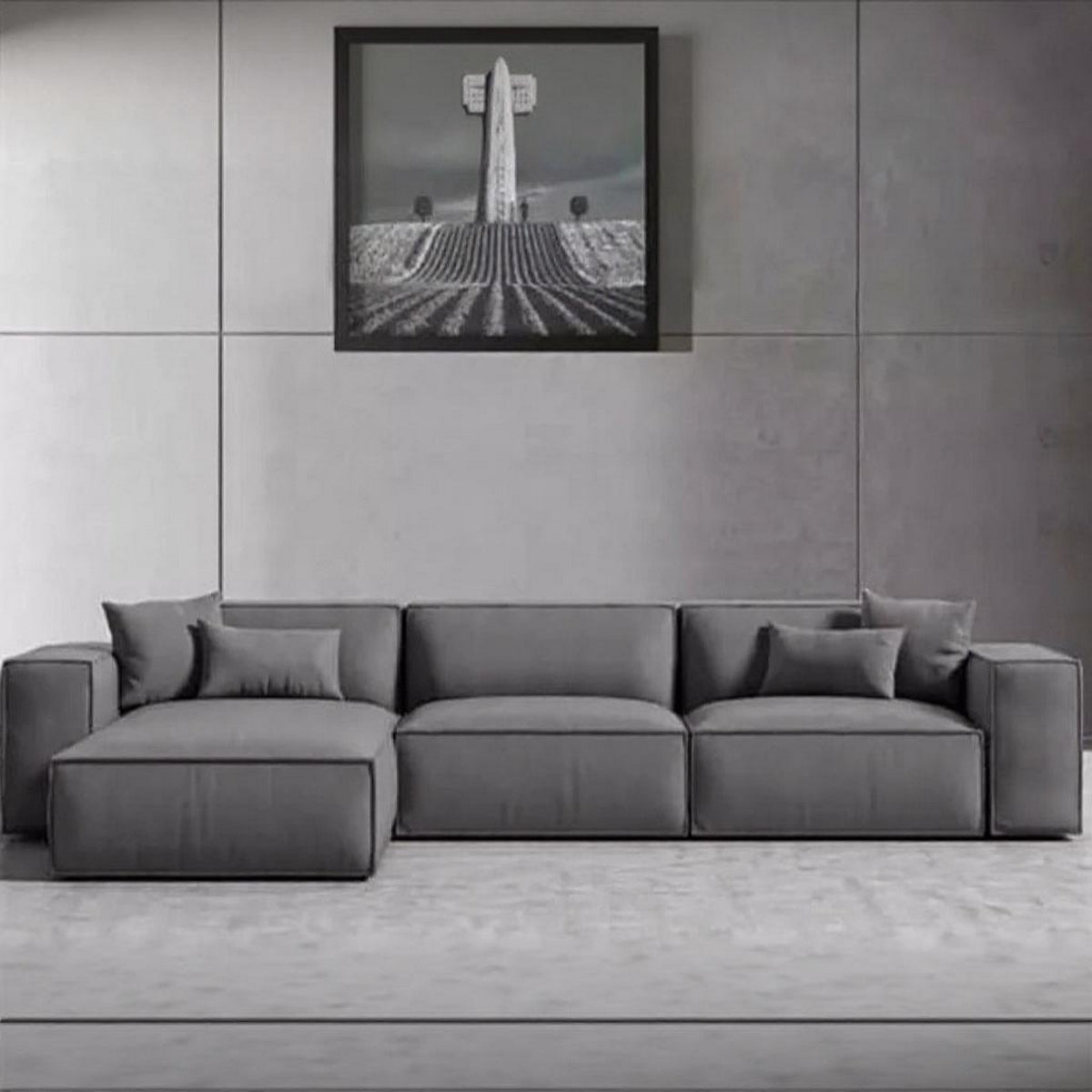 Natural Wood and Linen Fabric L-Shape Sofa - Grey