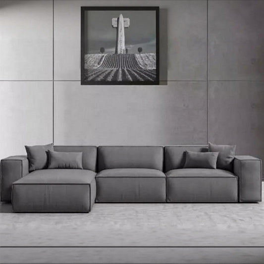 Natural Wood and Linen Fabric L-Shape Sofa - Grey