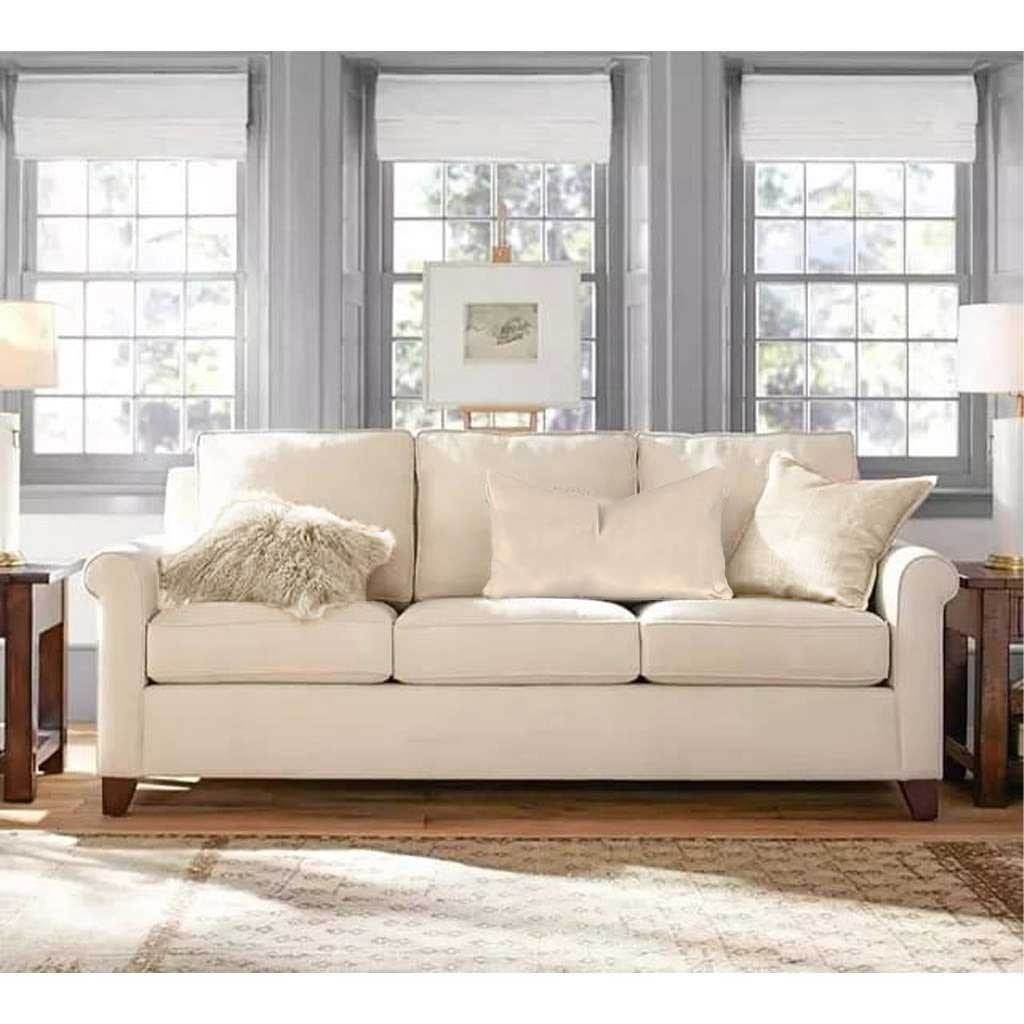 Natural Wood and Velvet Fabric 3 Seater Sofa - Off White