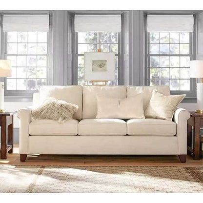 Natural Wood and Velvet Fabric 3 Seater Sofa - Off White