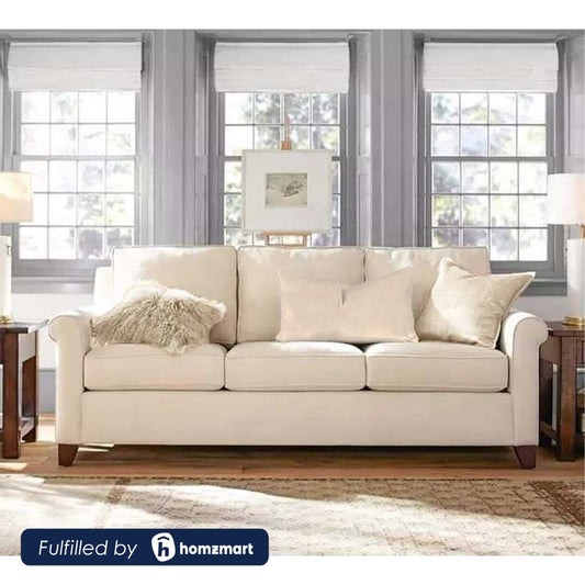 Natural Wood and Velvet Fabric 3 Seater Sofa - Off White
