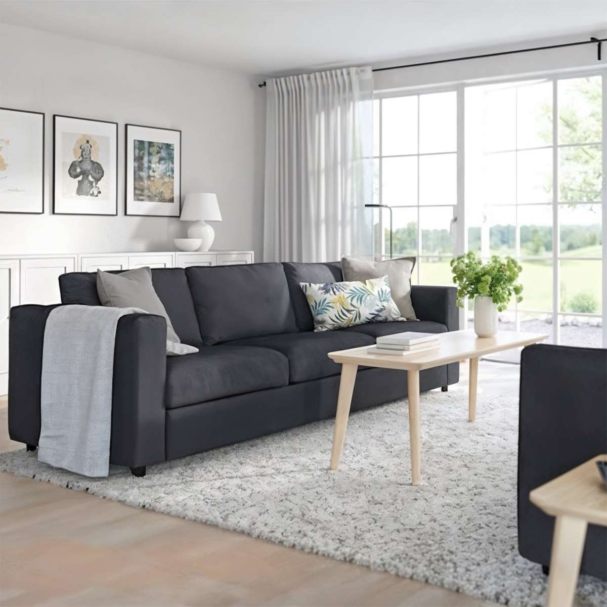 Natural Wood and Velvet  3 Seater Sofa - Dark Grey