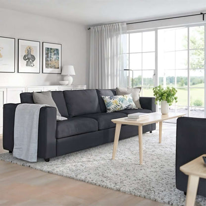 Natural Wood and Velvet  3 Seater Sofa - Dark Grey