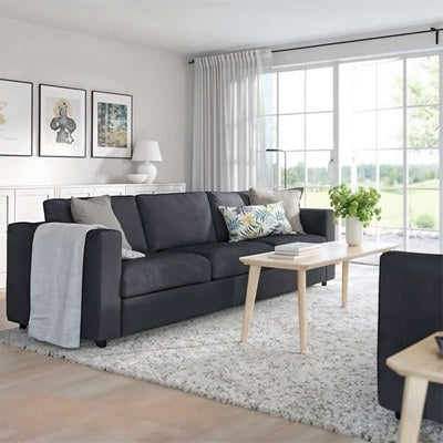 Natural Wood and Velvet  3 Seater Sofa - Dark Grey