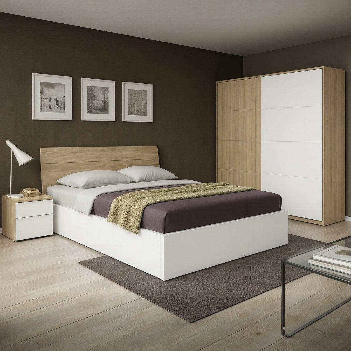 European Union Wood Bedroom 3 Pieces - Beige and White