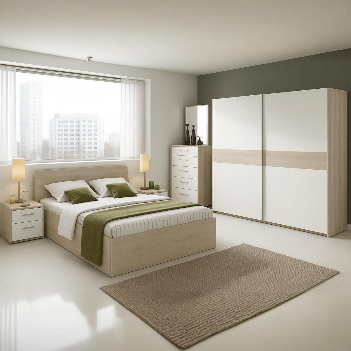 European Union Wood Bedroom 6 Pieces - Beige and White