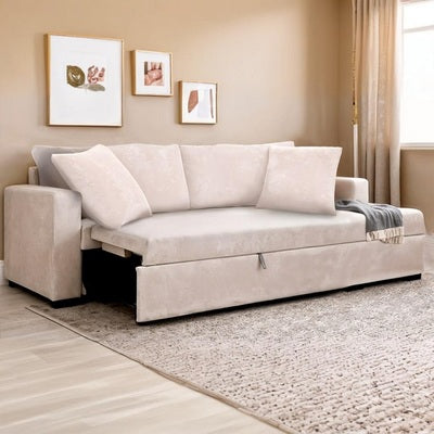 Natural wood and Linen Sofa Bed - Off-white