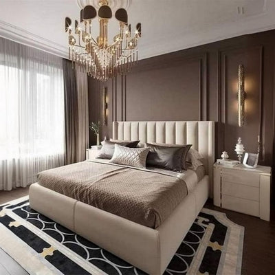 MDF wood and Velvet Fabric Super King Bed 180x195x120 cm - Beige