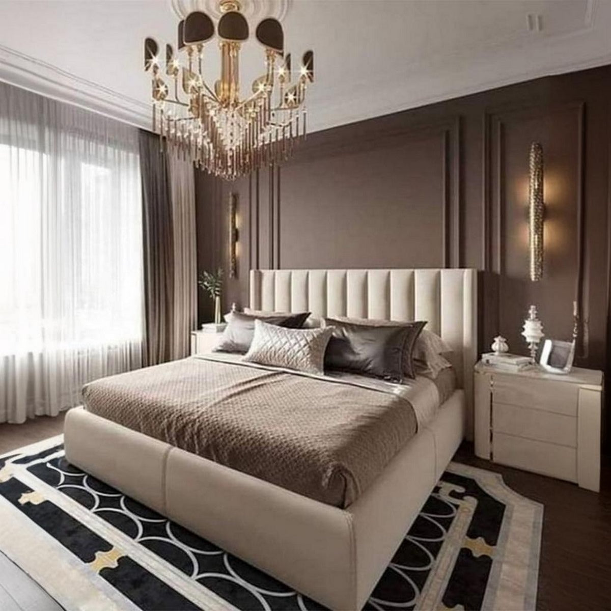 MDF wood and Velvet Fabric Super King Bed 180x195x120 cm - Beige