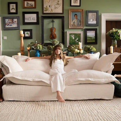 Natural Wood and Linen Fabric 3 Seaters Sofa - Beige