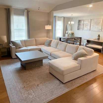 Natural Wood and Linen U-Shape Sofa - Beige