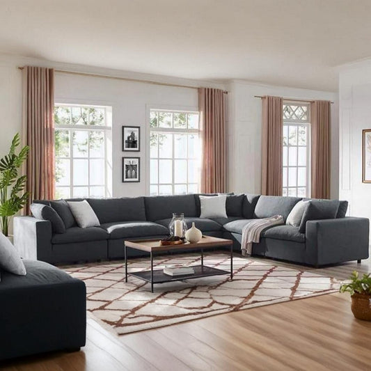 Natural Wood and Velvet L-Shape Sofa - Grey