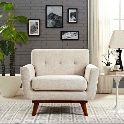 Natural Wood and Linen Arm Chair - Off-white  and Brown