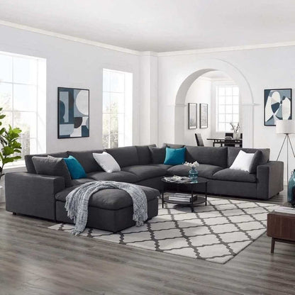 Natural Wood and Linen L-Shape Sofa and pouf - Grey