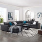 Natural Wood and Linen L-Shape Sofa and pouf - Grey