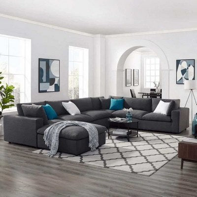 Natural Wood and Linen L-Shape Sofa and pouf - Grey