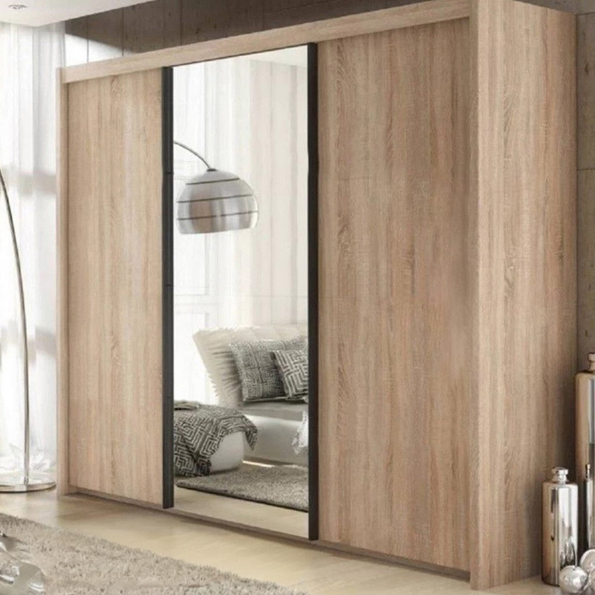 European Union Wood Wardrobe 3 Sliding Shutters With Mirror Beige - 240×200×50 cm