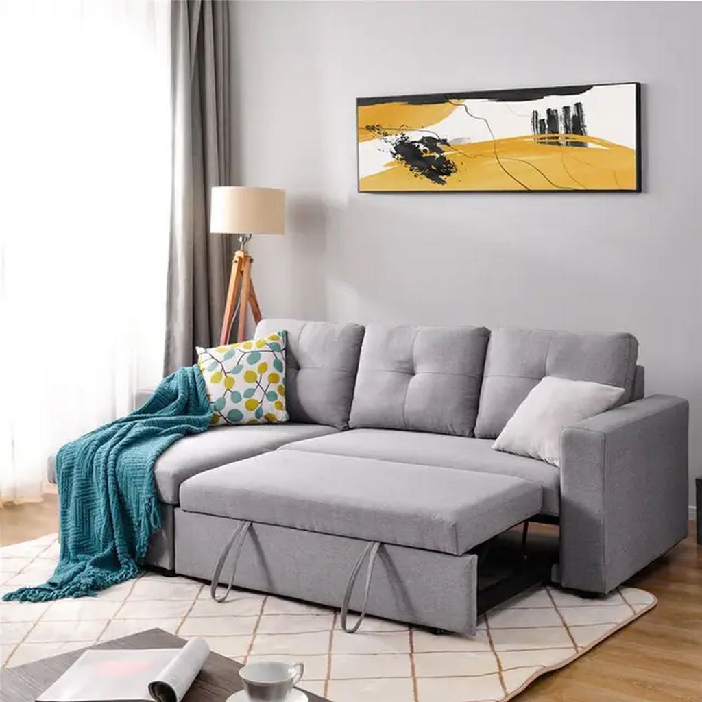 Natural Wood and Linen Fabric L-Shape Sofa - Light Grey