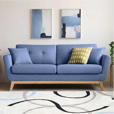 Natural Wood and Linen Fabric 2 Seaters Sofa - Blue
