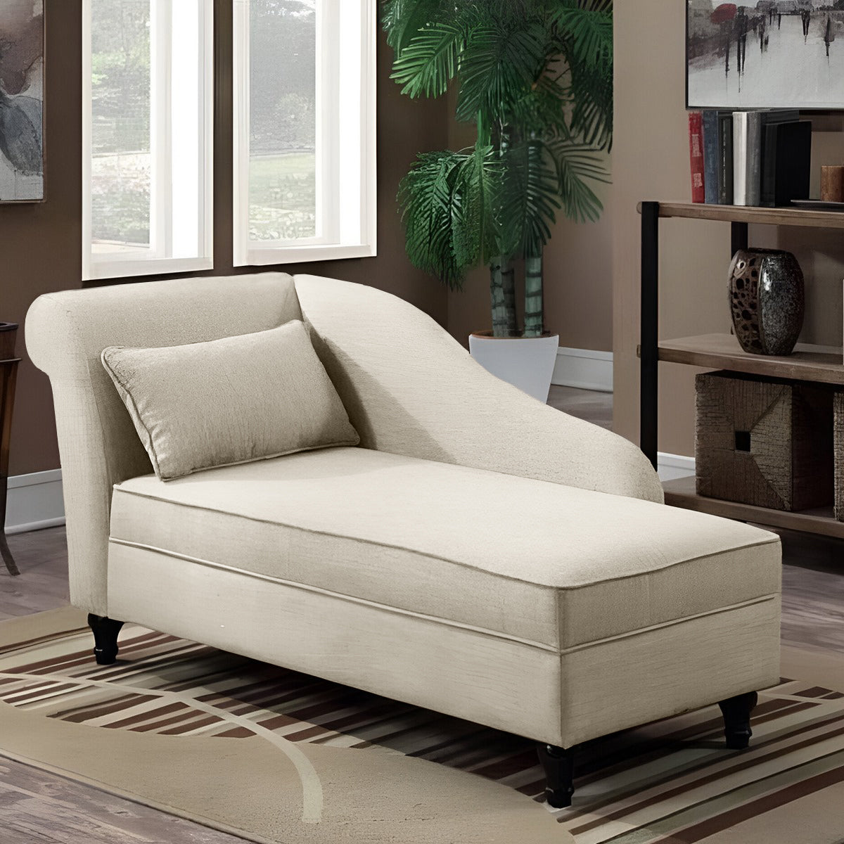 Natural Wood and Linen Chaise Longue - Beige