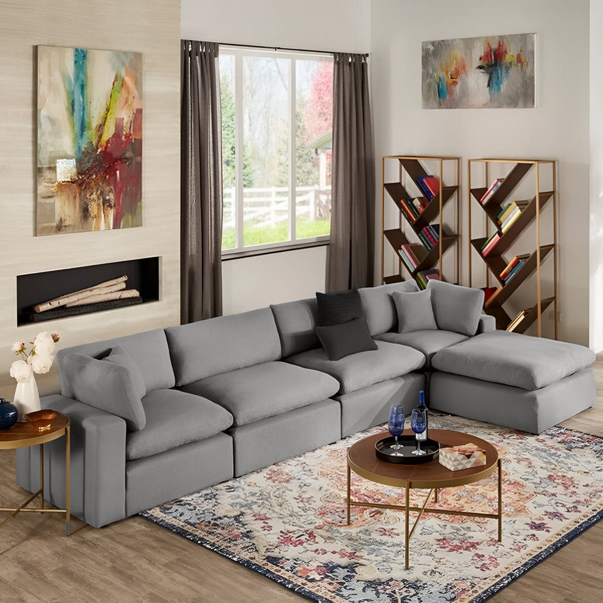Natural Wood and Linen 4 Seater Sofa and a Pouf - Light Grey