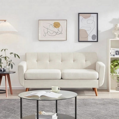 Natural Wood and Velvet  2 Seater Sofa - White
