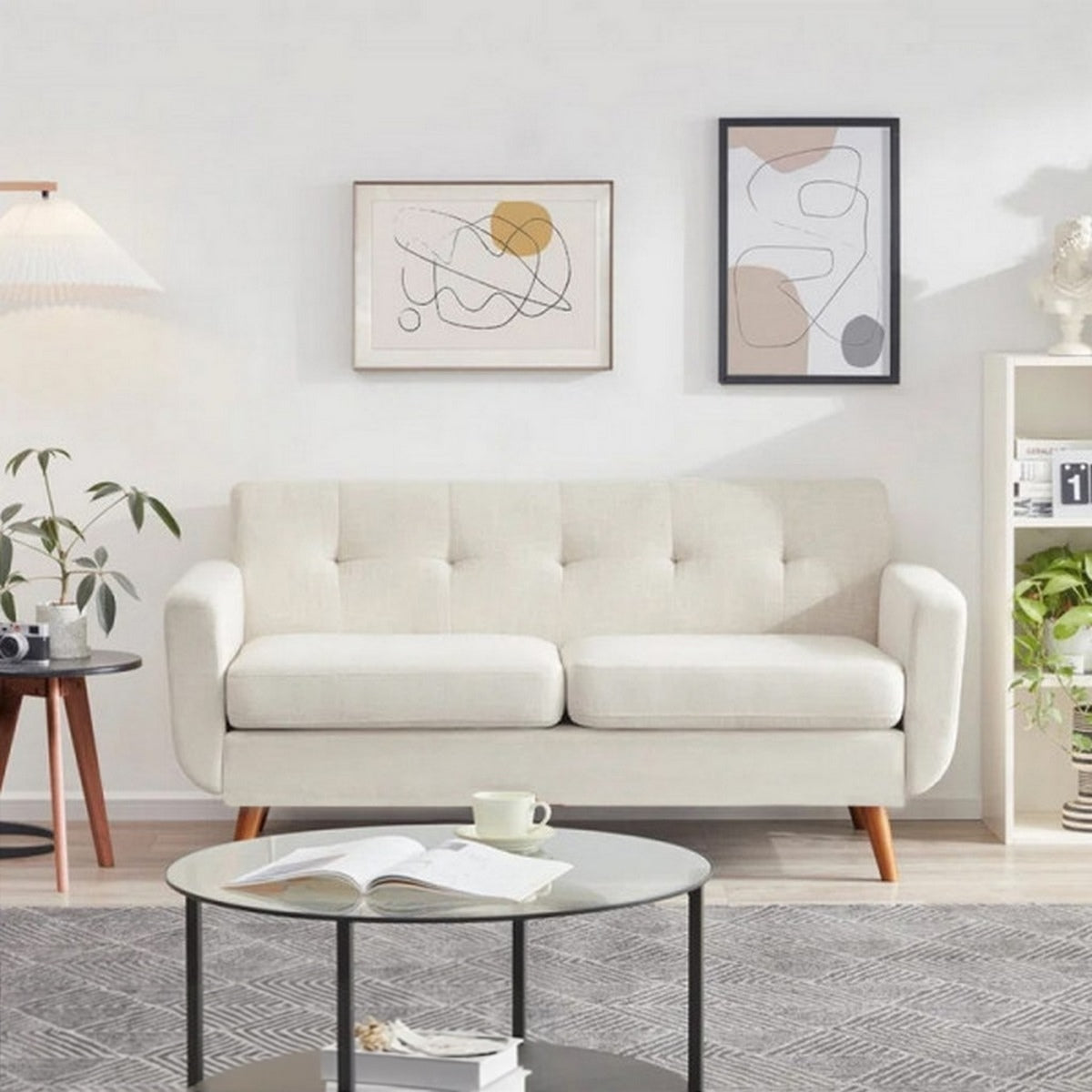 Natural Wood and Velvet  2 Seater Sofa - White