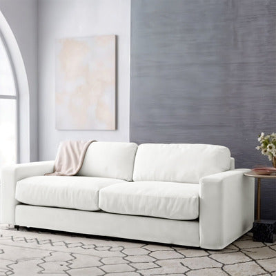 Natural Wood and Linen  2 Seater Sofa - Off-white