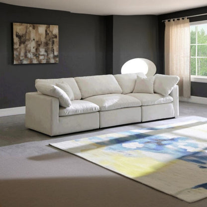 Natural wood and Velvet 3 Seater Sofa - Beige
