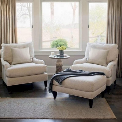 Natural Wood and Linen 2 Chairs & Pouf 3 Pieces -Off-White and  Dark Brown