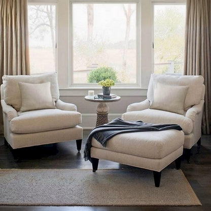 Natural Wood and Linen 2 Chairs & Pouf 3 Pieces -Off-White and  Dark Brown