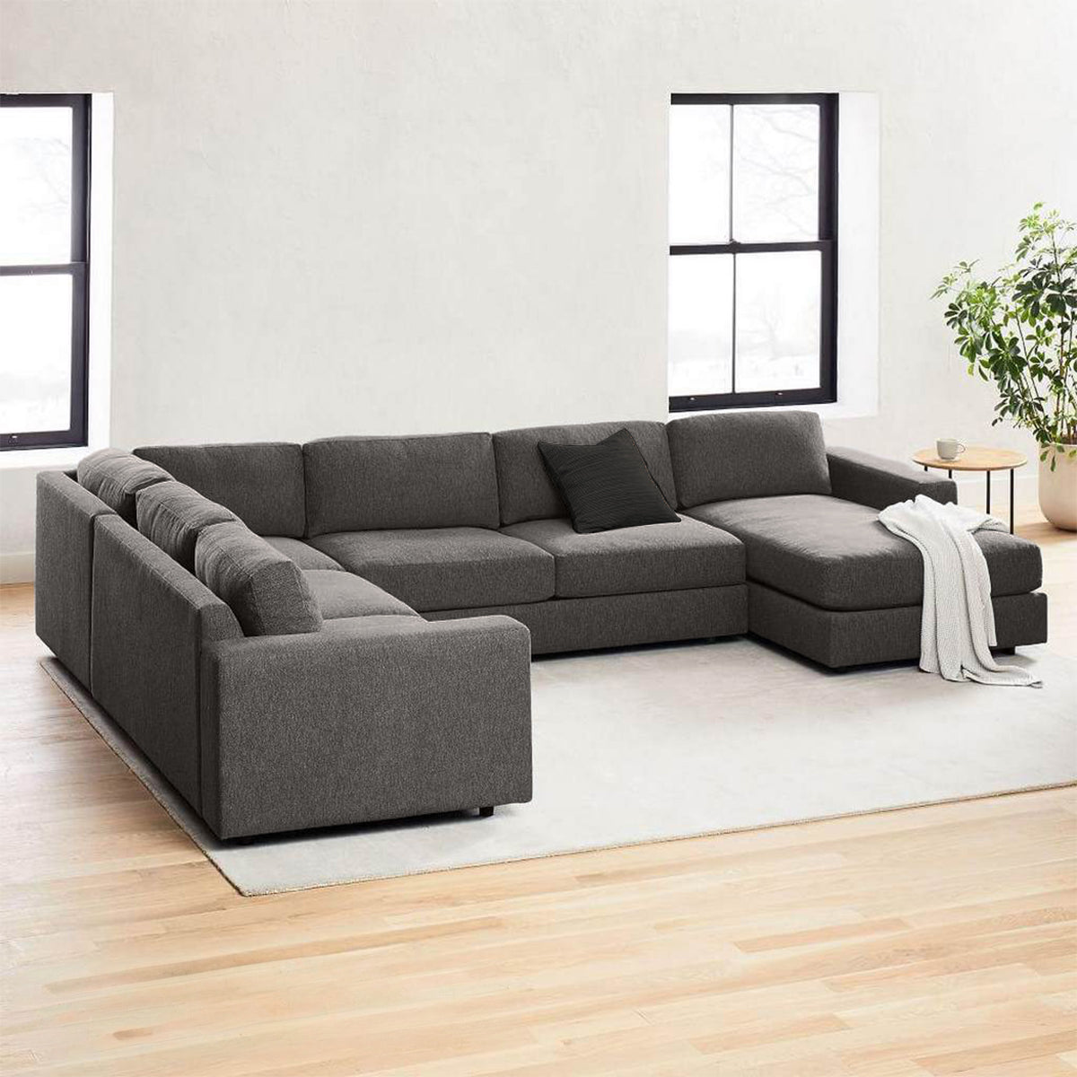 Natural Wood and Linen  U-Shape Sofa - Grey