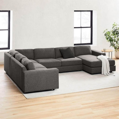 Natural Wood and Linen  U-Shape Sofa - Grey