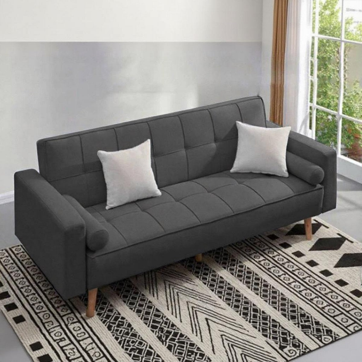 Natural wood and Velvet Fabric Sofa Bed - Grey