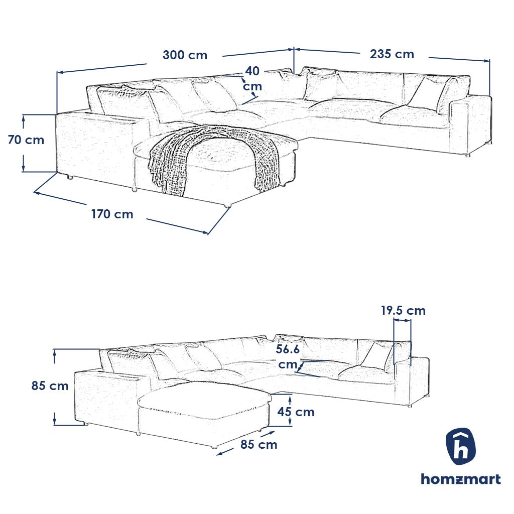 Natural Wood and Linen L-Shape Sofa and pouf - Grey