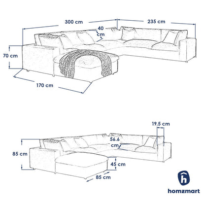 Natural Wood and Linen L-Shape Sofa and pouf - Grey