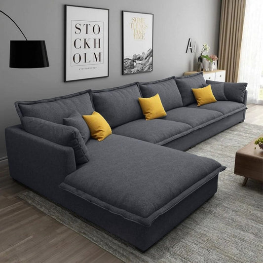 Natural Wood and Linen Fabric L-Shape Sofa - Grey