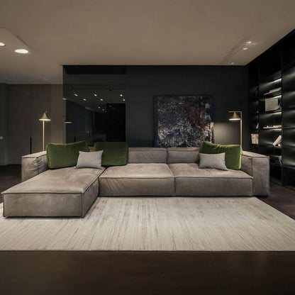 Natural Wood and Inverted Leather Modern L-Shape Sofa - Brown