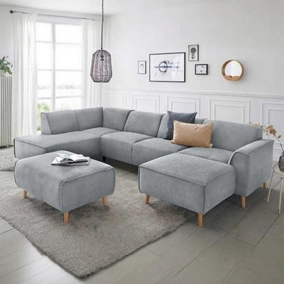 Natural Wood and Velvet Fabric U-Shape Sofa - Grey