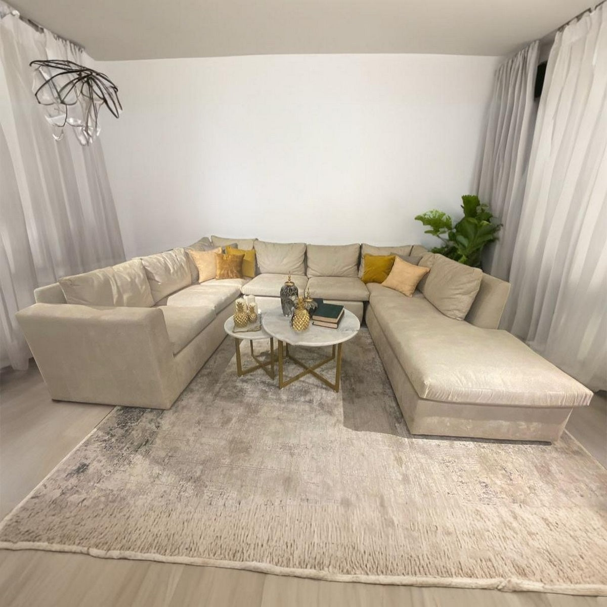 Natural Wood and Velvet U-Shape Sofa - Beige