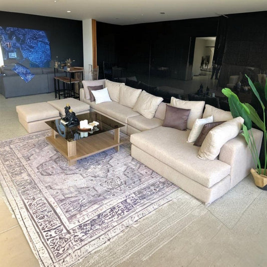 Natural Wood and Linen L-Shape Sofa - Beige