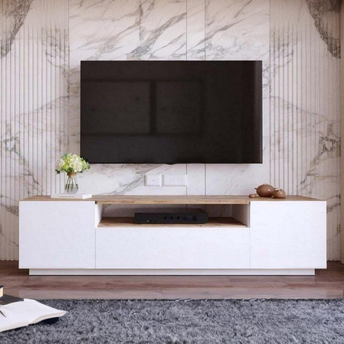 European Union Wood TV Unit White and Beige - 180 × 36 × 30 cm