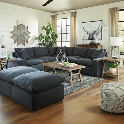 Natural Wood and Velvet L-Shape Sofa and 2 Poufs - Grey